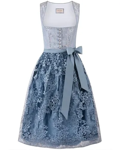 Stockerpoint Damen Sidonia Midi Dirndl in Rauchblau, Größe 40 - Freizeitkleid für Damen mit stilvollem Paisley Muster, elegantem Mieder und farblich abgestimmter Spitzenschürze für ein zauberhaftes Erscheinungsbild.