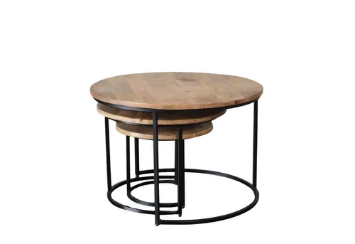 Baario Couchtisch 3er Set SELCE rund – Massivholz mit Industrial Design - Couchtische aus robustem Mangoholz, ausziehbar und sofort einsatzbereit. Ideal für stilvolle Wohnzimmergestaltung.