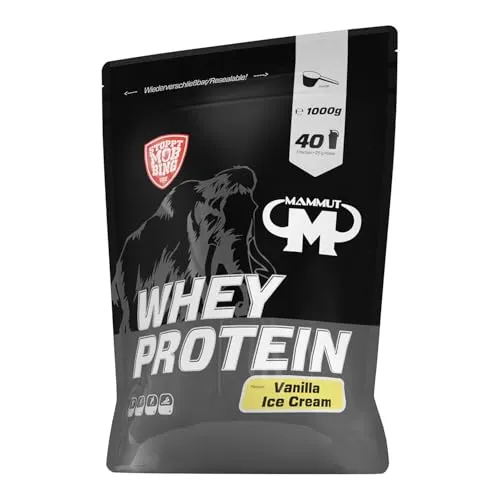Mammut Nutrition Whey Protein Vanilla Ice Cream - 1000 g - Molkenprotein für leckere Protein Shakes, ideal für Sportler zur Unterstützung von Muskelaufbau und -erhalt, mit 27 g Protein pro Portion und optimaler Löslichkeit.
