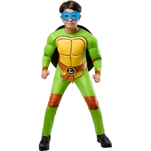 Rubies Offizielles Teenage Mutant Ninja Turtles 4-in-1 Kinderkostüm für Karneval, Größe 9-10 Jahre - Lizenziertes Kostüm mit Overall, Shell, 4 Augenmasken und 4 Gürtellogos. Ideal für Mottopartys und Halloween, geprüft nach europäischen Standards für sicheres Spielen.