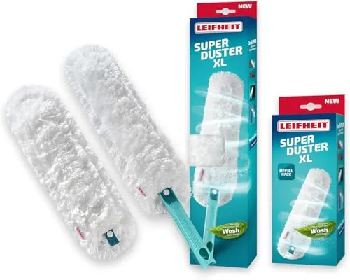 Leifheit Staubwischer SUPERDUSTER XL - Staubbesen mit waschbarem Mikrofaserbezug für gründliche Reinigung. Ergonomischer Griff aus Recycling-Kunststoff und Click-System für hohen Reichweiten.
