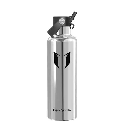 Super Sparrow Edelstahl Trinkflasche Kinder - 18/10 Ultraleicht Thermobecher - 1L - Standardmund Stroh-Deckel - BPA-Frei Thermoskanne, Thermosflasche für Sport, Travel, Schule, Outdoor, Büro