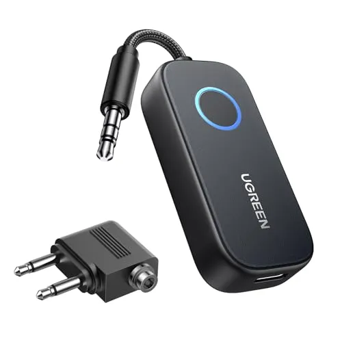UGREEN Flugzeug Bluetooth 5.2 Sender mit Dual 3.5 mm AUX Adapter - Audio & Video Adapter für Flugzeugunterhaltung: Genießen Sie Musik und Filme kabellos mit zwei Kopfhörern gleichzeitig und extremer Akkulaufzeit von bis zu 28 Stunden.
