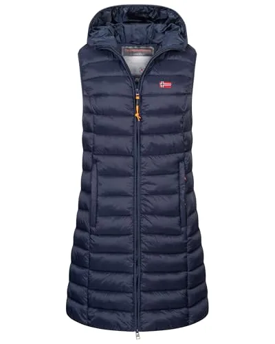 Geographical Norway Damen Steppweste mit Kapuze – Navy, Größe S (36) - Trendige Steppweste für den Übergang, ideal für Herbst und Winter. Mit robustem Obermaterial, zwei Reißverschlusstaschen und coolem Design bietet sie Komfort und Stil für jede Gelegenheit.