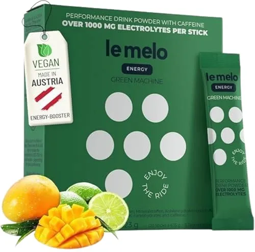 le melo® Elektrolytgetränk | 1.000+ mg Elektrolyte, Vitamine & Mineralstoffe | Optimiert Wasseraufnahme | Für Sport & Alltag & Erholung | mit 80mg Koffein | ENERGY MANGO-LIMETTE 20er Pack