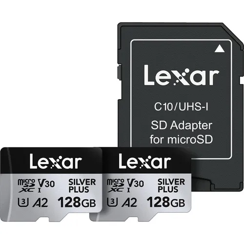 Lexar Silver Plus Micro SD Karte 128GB 2-Pack - Speicherkarten mit bis zu 205 MB/s Lesegeschwindigkeit, ideal für 4K UHD-Videos und Serienbilder. Kompatibel mit Smartphones, Drohnen und mehr, inklusive lebenslanger Datenwiederherstellungssoftware.
