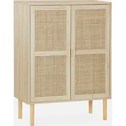 Alice's Home Aufbewahrungsschrank Camargue - Holzoptik und Rohrgeflecht, 2 Türen - Schränke für das Heimbüro, stilvoll in Holzoptik mit elegantem Rohrgeflecht, ideal für eine ordentliche und ansprechende Büroorganisation.