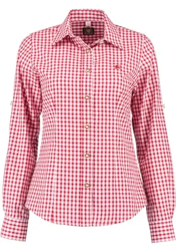 OS Trachten Damen Bluse Langarm mit Liegekragen Qorru, Größe 40, Mittelrot - Trachtenbluse in taillierter Passform aus pflegeleichter Baumwoll-Polyester-Mischung. Lange Ärmel und dezente Hirsch-Stickerei vereinen Tradition mit modernem Stil.