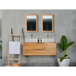 Vente-unique Waschbeckenunterschrank BIMBING - Hängend mit 2 Schubladen aus hellem Teakholz - Moderner hängender Waschbeckenunterschrank mit 2 praktischen Schubladen für optimalen Stauraum. Ideal für Ihr Badezimmer, sorgt für Ordnung und Stil.