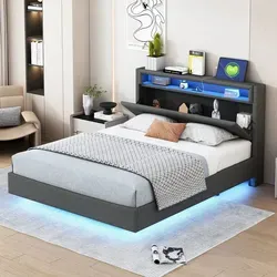Sweiko Polsterbett 140x200 cm mit USB-Steckdose und LED-Licht, wendbares Kopfteil, verdecktes Fußteil, Doppelflachbett, Jugendbett, Erwachsenenbet... - Grau