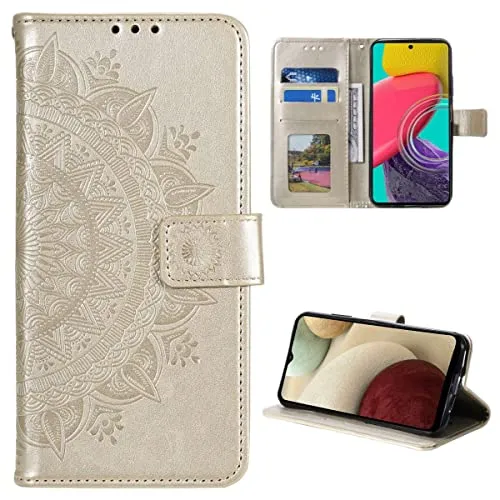 CoverKingz Handy Case kompatibel mit Samsung Galaxy M33 5G - Handy Cover mit Kartenfach Phonecase - Smartphone Hülle klappbar Motiv Mandala Gold