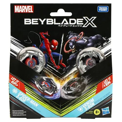 Hasbro Beyblade X Marvel Collab: Spider-Man vs. Venom - Spielzeug für spannende Duelle! Erlebe die innovative X-Celerator Gear System-Technologie mit diesem Multipack, der 2 Tops und 2 Launcher enthält. Ideal für Kinder ab 8 Jahren!