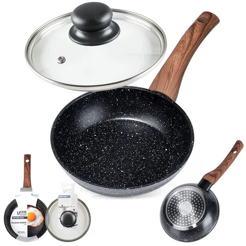Granitpfanne Bratpfanne Pfanne aus Granit mit Glasdeckel BLACK&WOOD 16 cm
