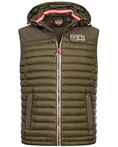 Geographical Norway Herren Steppweste Kaki M - Bequemer Bodywärmer für Outdoor - Wärmeisolierende Steppweste mit Kapuze, windabweisend und wasserabweisend. Ideal für Herbst und Winter, ausgestattet mit praktischen Taschen und einem angenehmen Tragekomfort.