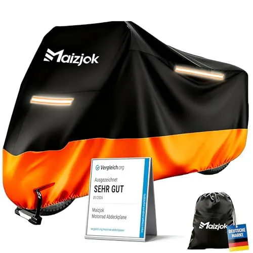 Maizjok® Motorrad Abdeckplane 210D - Wasserdichte Outdoor Motorradabdeckung - Wasserdichte Motorradabdeckung aus 210D Material, schützt vor Witterungseinflüssen. Mit reflektierenden Streifen für bessere Sichtbarkeit und einem sicheren Schlüsselloch-Design für Diebstahlschutz. Ideal für die meisten Motorräder.