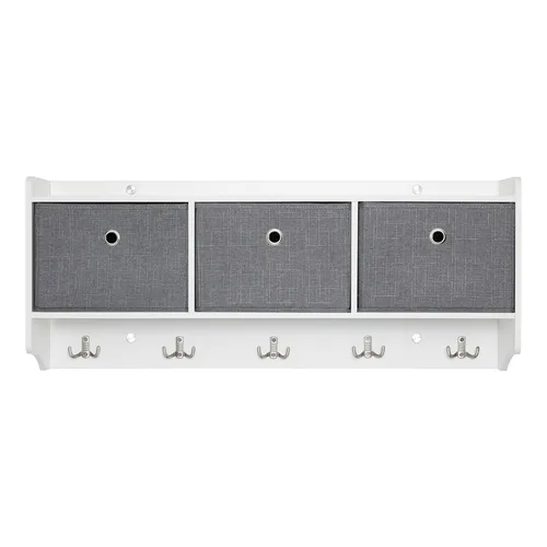 Mondeer Wandgarderobe mit Ablage, Garderobe mit 3 Körben und 5 Haken Holz Mode Stil für Eingang Flur Schlafzimmer Wohnzimmer, B98 x H40 x T22 cm, Weiß