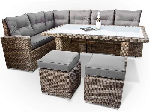 Premium PolyRattan Dining Lounge - 8 Jahre GARANTIE von Ragnarök-Möbeldesign - Esssets für die Terrasse mit 8 Jahren GARANTIE auf UV-Beständigkeit, extrem bequeme Polster in Hotelqualität und 100% rostfreier Aluminium-Unterbau für langlebigen Genuss.