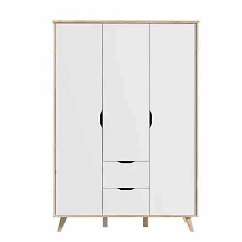 FORTE VANKKA Schrank 140 200 - Kleiderschrank 3-türig in Weiß/Planked Eiche, ideal für Kinderzimmer, mit grifflosen Türen und stabilen Einlegeböden für optimale Aufbewahrung.