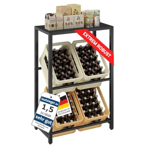 STEELSØN Macondo Getränkekistenregal - Platzsparendes Regal für 4 Kisten - Standregal aus stabiler Stahlkonstruktion mit 100 kg Tragkraft pro Ebene, ideal für Küche oder Keller, inklusive zusätzlicher Ablagefläche für mehr Ordnung.
