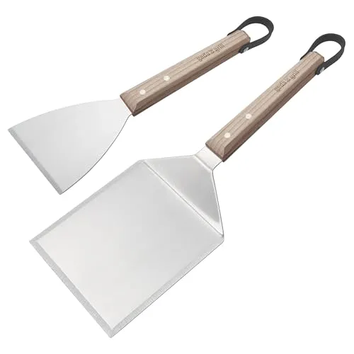 GEDA Grill Edelstahl Grillbesteck Set - 2-teiliges Grillbesteck Set aus gehärtetem Edelstahl mit ergonomischen Holzgriffen. Ideal zum Wenden und Servieren, ausgestattet mit stabilen Ösen zum Aufhängen. Ein Must-Have für Grill- und BBQ-Enthusiasten!