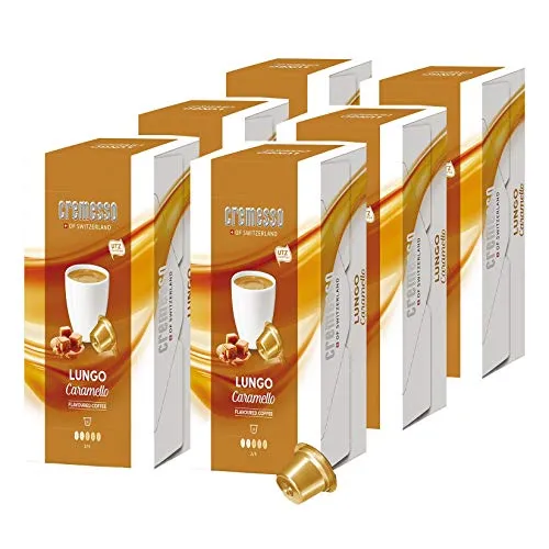 Cremesso Caramello Kaffee 16 Kapseln - 6er Pack - Lebensmittel Vorratspacks mit aromatisiertem Röstkaffee und sanftem Caramelaroma. Genießen Sie die bequeme Lieferung als Großpackung für unvergessliche Kaffeemomente!