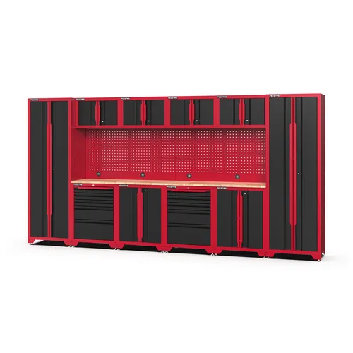 Feistos Werkstatteinrichtung Novo 4, schwarz/rot - Praktische Werkstatteinrichtung mit 396 x 46 x 198 cm, die Ordnung und Stil vereint. Ideal für effiziente Arbeitsabläufe und ansprechendes Design.