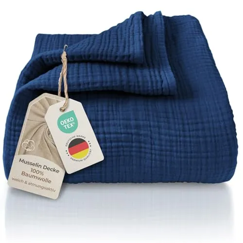 Laynenburg Tagesdecke aus 100% Baumwolle – Kuschelige Musselin-Decke in Blau - Tagesdecken in blau, aus 100% Baumwolle, ideal als Sommerdecke oder Bett-Überwurf für ein gemütliches Zuhause.