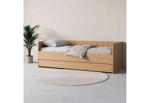 Bett VOX "SIMPLE" mit hydraulischem Bettkasten und optionalem Zusatzbett, Eiche - Langlebiges Bett mit praktischem Stauraum und optionalem Zusatzbett. Ideal für kleine Räume, Made in EU, pflegeleicht und stabil.