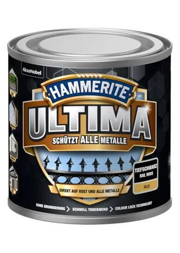 Hammerite Ultima Matt, Metallschutzlack, Hochwertiger Schutzlack für alle Metalle im Außenbereich, Tiefschwarz RAL9005, 250 ml