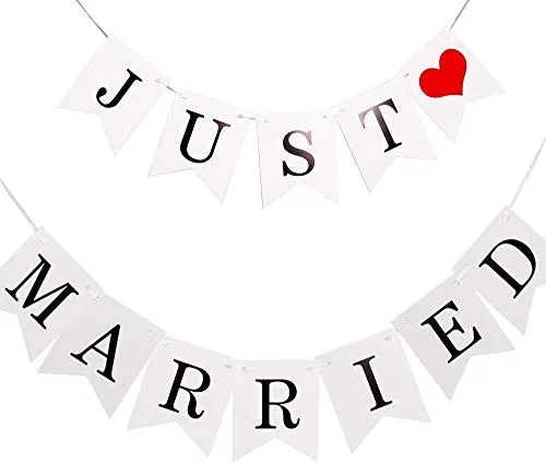 Just Married Girlande Vintage Rustikal Wimpelkette Banner mit Seil Hochzeitsgirlande als Deko für Hochzeit Fest Party Brautdusche Junggesellinnenabschied oder Foto Photo Booth Fotografie