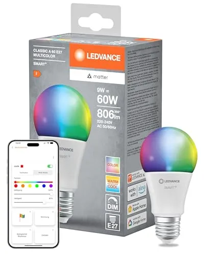 LEDVANCE SMART+ MATTER LED-Lampe, E27, 9W, 806lm - WLAN-Lampe mit Matter-Technologie für individuelle Lichtgestaltung, kompatibel mit Google, Alexa und Apple. Energieeffizient mit bis zu 20.000 Stunden Lebensdauer.