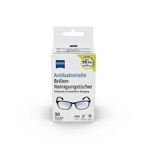 ZEISS Brillen-Reinigungstücher antibakteriell 30 Stück, schnell trocknende Rezeptur, entfernt Bakterien, Fingerabdrücke, Schmutz, Staub & Fett, jedes Tuch einzeln verpackt