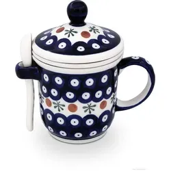 Bunzlauer Keramik Becher Bunzlauer Keramik 270ml Teebecher mit Deckel, Teesieb, Löffel Dekor 41, Keramik bunt