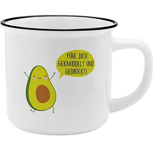 GRUSS & CO Becher Motiv "Avocado" | New Bone China Porzellan, Emaille-Optik, 35 cl | Geschenk, Sprüchetasse | 46977