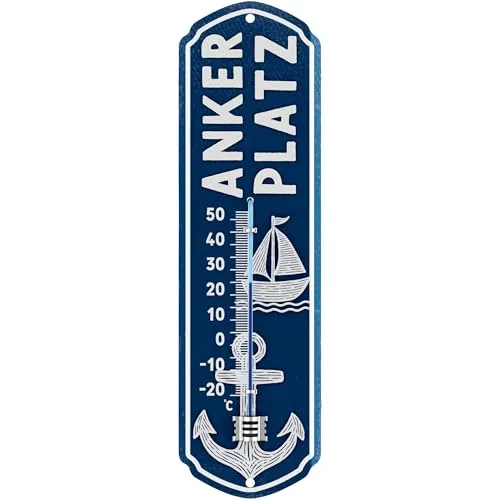 LANOLU retro Ankerplatz Thermometer analog für innen und aussen, maritime Anker Deko für Garten Terrasse Balkon, Thermometer aussen vintage, 8x28 cm