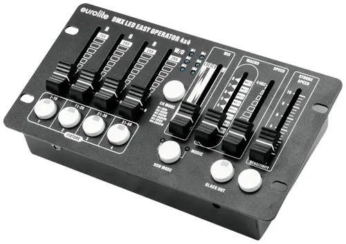 DMX Controller für LED Scheinwerfer (4x4) - Musiksteuerung & Programme - Licht & Bühne - Kompakter DMX Controller zur Steuerung von bis zu 4 RGBW-LED-Scheinwerfern mit einfacher Bedienung, Musiksteuerung und 8 automatischen Programmen für beeindruckende Lichteffekte.