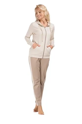 Consult-Tex Damen Hausanzug mit Streifenmuster - Bequemer Freizeitanzug in Beige-Braun mit langem Arm und praktischen Eingrifftaschen. Ideal für entspannte Stunden zu Hause, pflegeleicht und aus hochwertiger Baumwolle gefertigt.