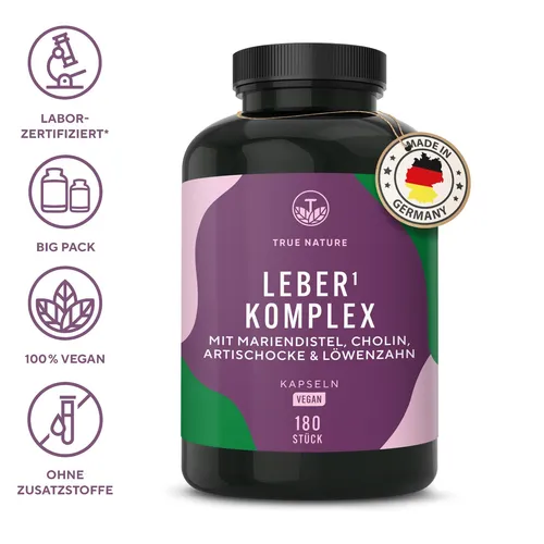 Leber-Komplex mit Mariendistel, Cholin & Artischocke, 180 Kapseln - TRUE NATURE® - Nahrungsergänzungsmittel für die Lebergesundheit, unterstützt durch eine synergistische Formel aus Mariendistel, Cholin und Artischocke – 100% vegan und rein für Ihr tägliches Wohlbefinden.