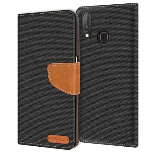 CoolGadget Textil Klapphülle für Samsung Galaxy A20e, Hochwertige Schutzhülle mit 3 Kartenfächern, 1 Bargeldfach und Magnetverschluss, Schwarz