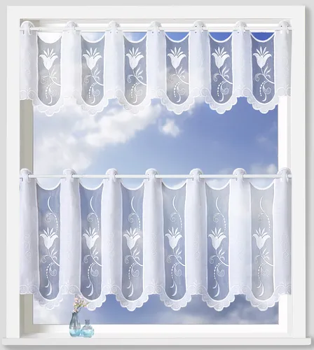Weckbrodt Chiara Scheibengardine nach Maß (1 St), halbtransparent, Stangendurchzug - Maßgefertigte Scheibengardine "Chiara" mit feiner Blütenstickerei und elegantem Organza. Ideal für eine stilvolle Fensterdekoration in Küche oder Bad. Einfache Montage an Gardinenstangen bis 12mm Durchmesser.