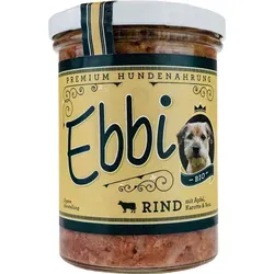 Ebbi Hundenassfutter im Glas - Rind 400g - Hochwertiges Hundenassfutter im Glas mit 400g Rindfleisch, frischen Äpfeln, Karotten und Reis. Frei von Zusatzstoffen, sorgt für eine natürliche Ernährung Ihres Hundes. In Deutschland hergestellt – für beste Qualität.