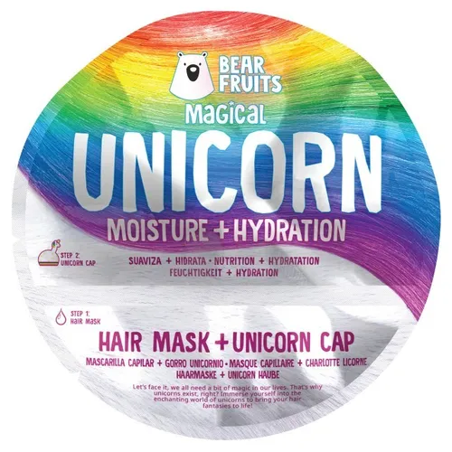 Bear Fruits Haarmaske - Unicorn - 10er-Pack mit Haube - Die Bear Fruits Haarmaske bietet intensive Feuchtigkeit für trockenes Haar. Mit Arganöl und Aloe Vera sorgt sie für glänzende Locken und ein fantastisches Dufterlebnis. Ideal für eine entspannende 30-minütige Pflege!