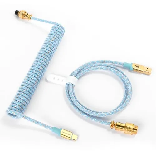 MAMBASNAKE C03 Coiled USB C Kabel für Gaming-Tastatur, Starlight Geflochtenes Tastaturkabel, Typ C bis USB A, Braided Cable USB C, Spiral Tastaturkabel Typ C, 24K-Gold-Luftfahrtanschluss - Hellblau