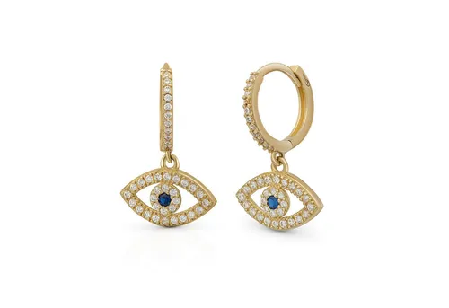 Suzan Gold Paar Creolen Evil Eye Creolen Echtgold Ohrringe mit Schutzsymbol & blauen Steinen, Gelbgold 375, Zirkonia-Stein