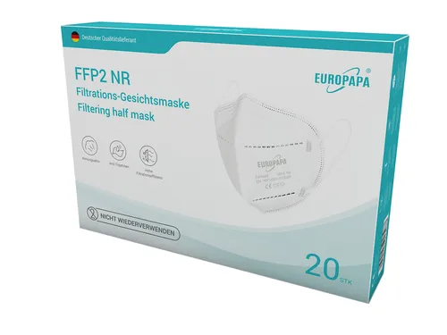 EUROPAPA 20x FFP2 Atemschutzmaske - Hoher Tragekomfort - Atemschutzmasken, 5-lagig mit hygienischer Einzelverpackung für optimalen Schutz und 94% Filterleistung. Ideal für sicheren und komfortablen Gebrauch.