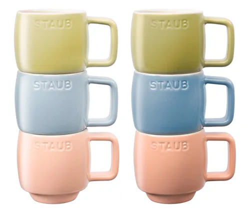 Staub Kaffeebecher Set - 6-teiliges, bunte Keramik-Tassen in Geschenkbox - Das 6-teilige Staub Tazze Mix Colours XS Set vereint pastellfarbene, langlebige Keramik-Espressotassen. Ofen-, mikrowellen- und spülmaschinenfest – ideal für stilvollen Genuss und platzsparende Aufbewahrung.