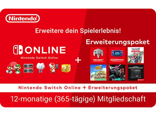 Nintendo Switch Online 12 Monate + Erweiterungspaket Digital Code - 12 Monate Mitgliedschaft für Nintendo Switch Online mit Zugang zu exklusiven Spielen und Inhalten. Ideal für Gamer, die das volle Potenzial ihrer Konsole ausschöpfen möchten.