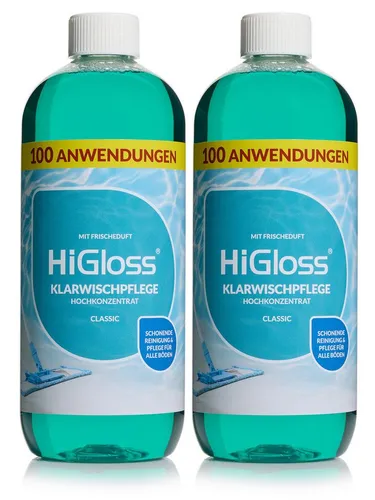 HiGloss Klarwischpflege Hochkonzentrat 2x 1000ml – Wischroboter geeignet - Hochkonzentrierte HiGloss Klarwischpflege für Laminat, Fliesen & Kork – sorgt für streifenfreien Glanz und pflegt schonend. Ideal für Wischroboter, spart Zeit bei der Bodenpflege.