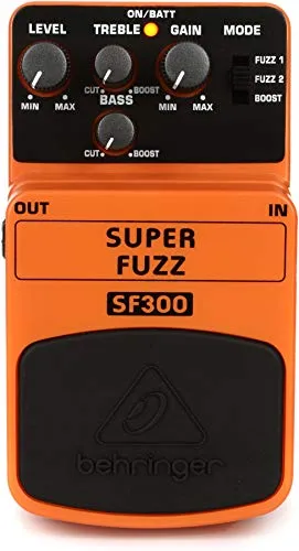Behringer SUPER FUZZ SF300 - 3-Mode Fuzz Distortion Effektpedal - Gitarren-Effektgeräte: Drei Klangmodi für vielseitige Sounds von klassischem Fuzz bis kräftigem Gain-Boost – ideal für kreative Musiker.