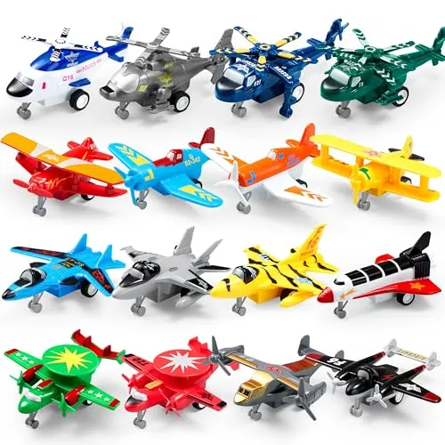 JOYIN 16-teiliges Flugzeug Spielzeug zum Zurückziehen, Spielzeug ab 3 Jahren Jungen, Flugzeug Spielzeugset Hubschrauber Kampfjet, Geschenke für Kinder im Alter von 2-8 Jahren